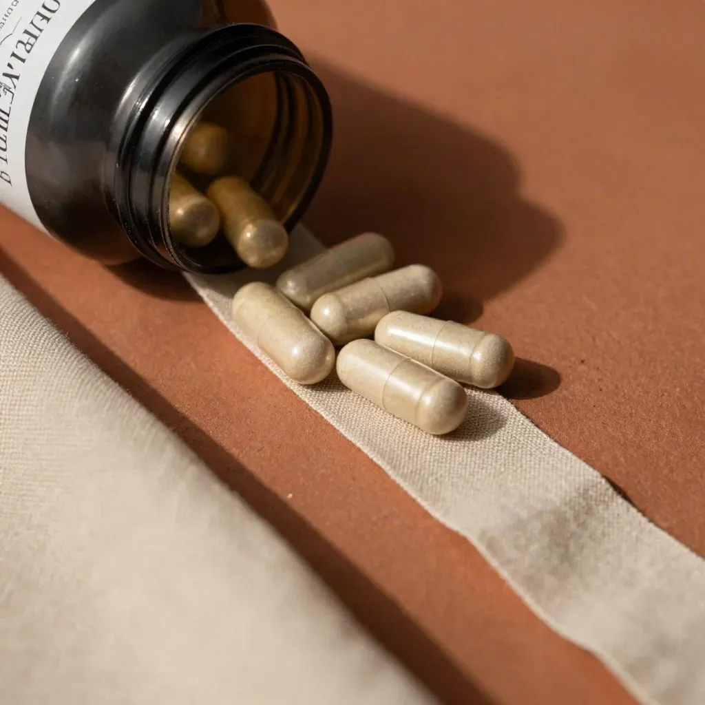 Unmarked capsule bottle with capsules in a curved arc on linen-lit terracotta surface.