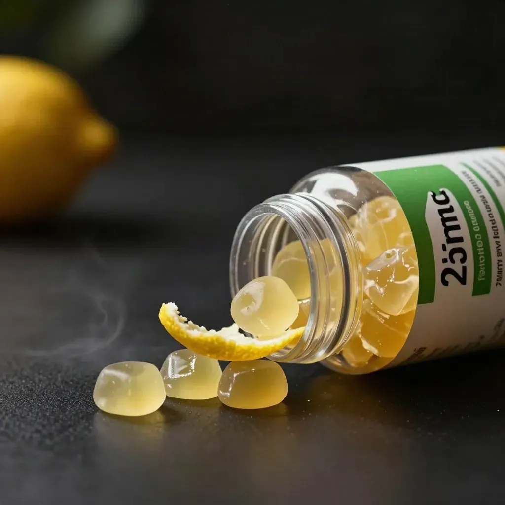 Unbranded jar of lemon CBD gummies bursting upward on a dark studio surface
